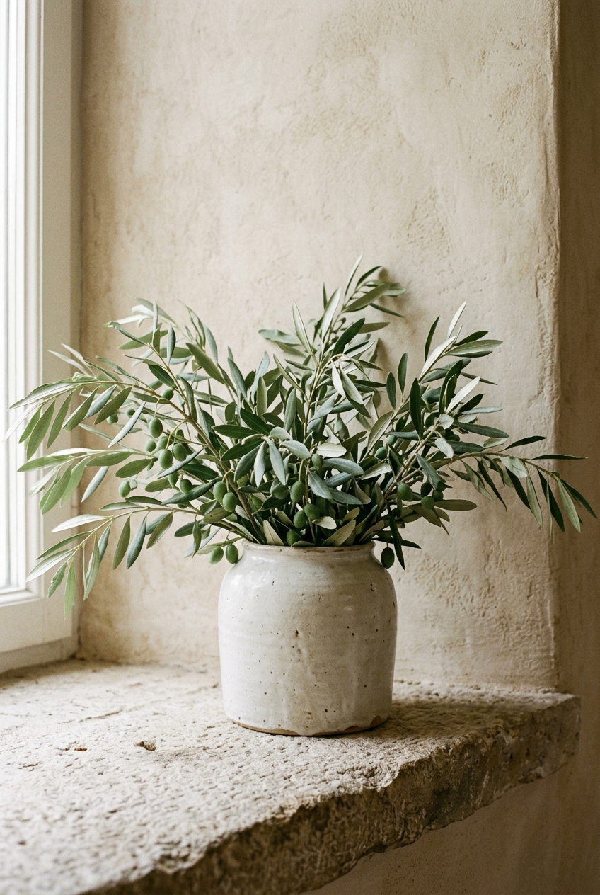 Olive branches in a ceramic vessel against a plaster wall.