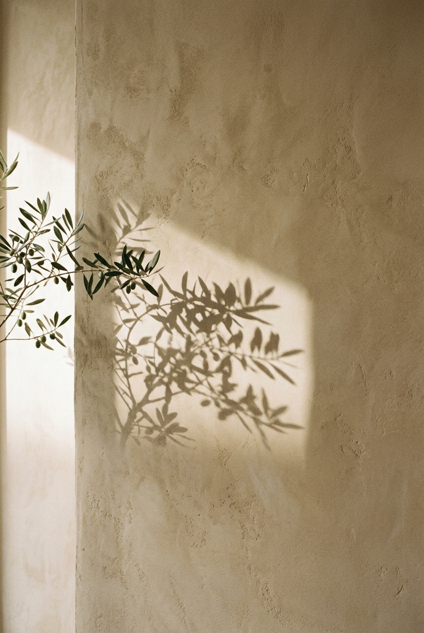Soft shadow of an olive branch on a warm plaster wall.