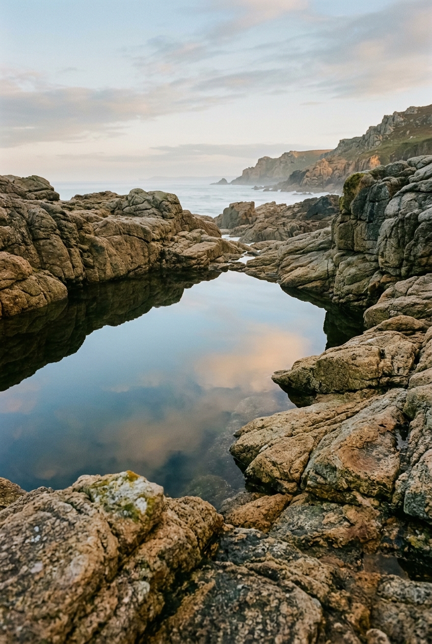 Still water among weathered coastal rocks in morning light.