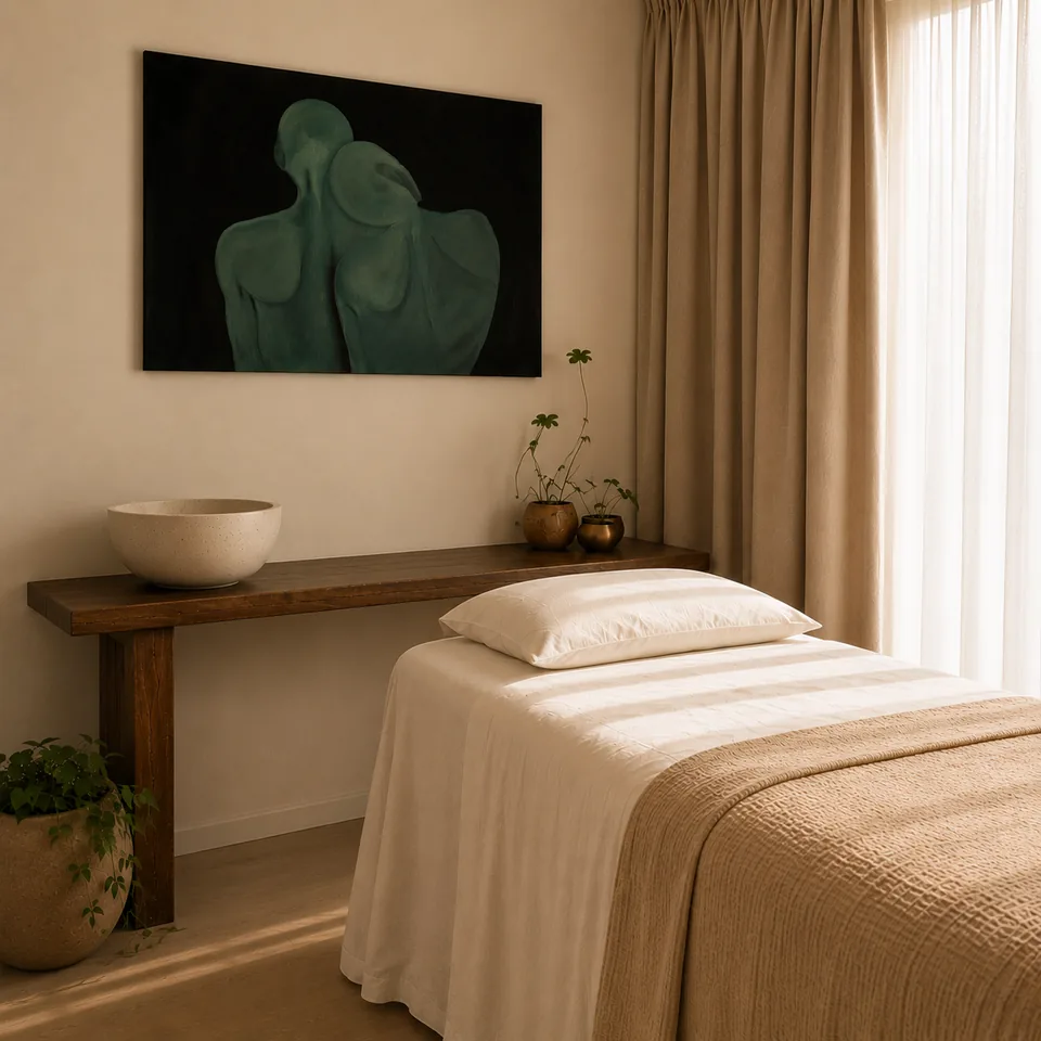 Studio A private treatment room in Bondi Beach, with original artwork, stone basin, timber bench and treatment bed.